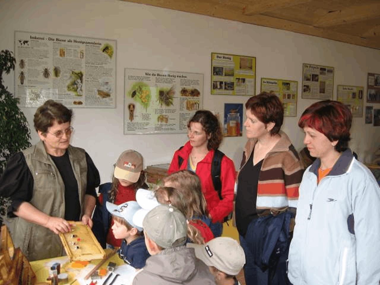 Führung in einem Bienenlehrraum: Eine Frau erklärt einer Gruppe aus Erwachsenen und Kindern anhand einer Schautafel und eines Bienenstockelements die Imkerei. An den Wänden hängen Lehrplakate über Bienen und Honig.